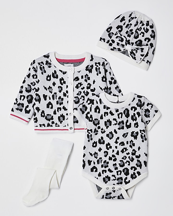 Baby ecru leopard cardigan 4 piece outfit