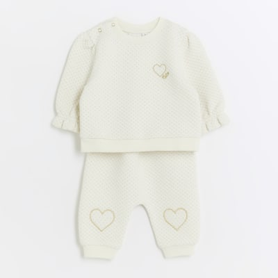 Baby girl ecru quilted heart sweatshirt set River Island