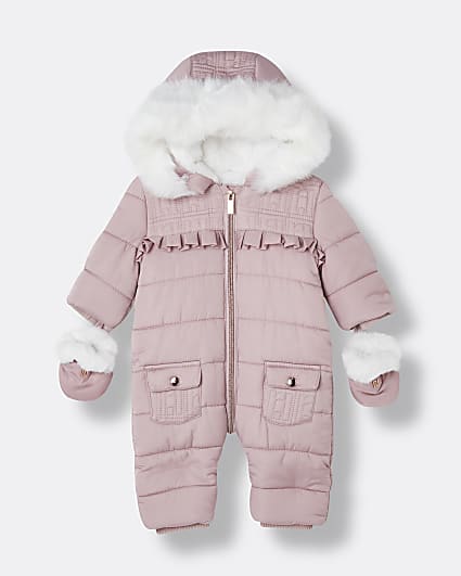 Baby girl pink quilted frill detail snowsuit