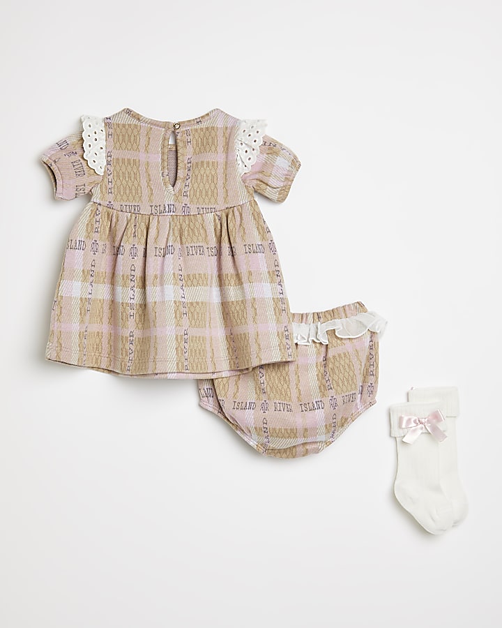 Baby girls beige check dress and socks outfit