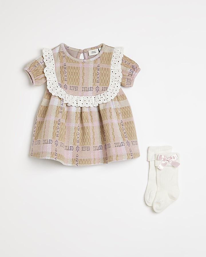 Baby girls beige check dress and socks outfit