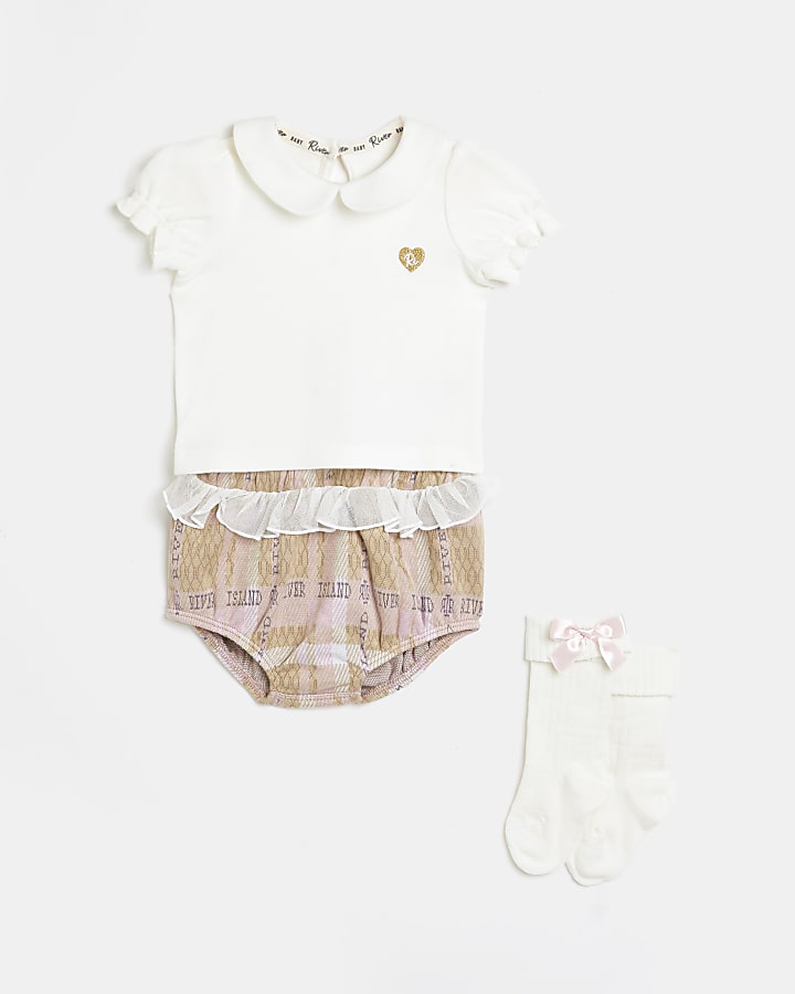 Baby girls beige check frill bloomer outfit