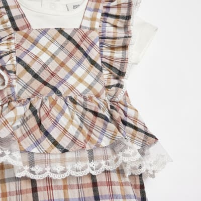 Baby girls beige check frill romper set River Island
