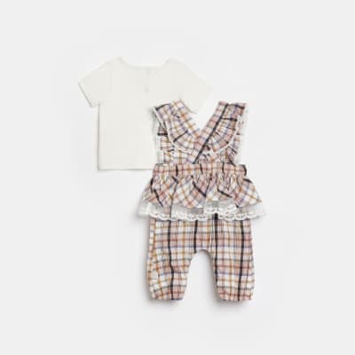 Baby girls beige check frill romper set River Island