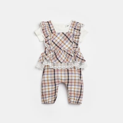 Baby girls beige check frill romper set River Island