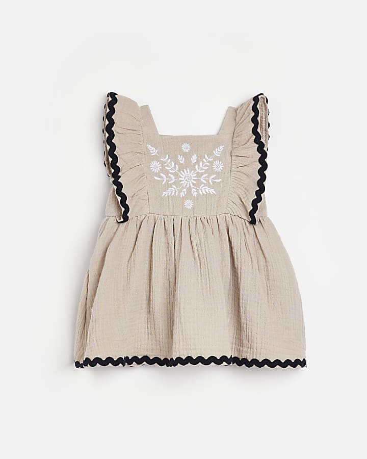 Baby girls beige embroidered frill dress