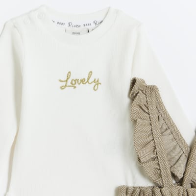Baby girls beige jacquard pinafore dress set River Island