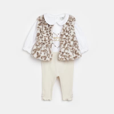Baby girls Beige Leopard Faux Fur Gilet set