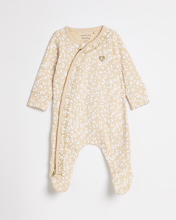 Baby girls beige leopard frill sleepsuit
