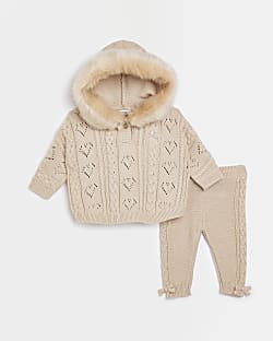 Baby girls Beige Pointelle poncho outfit