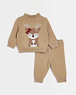 Baby Girls Beige Reindeer Christmas Outfit