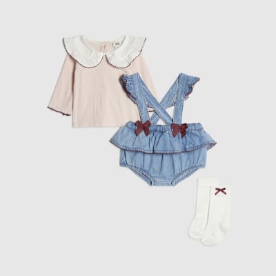 Baby Girls Blue Bow Denim Bloomer 3 Piece Set