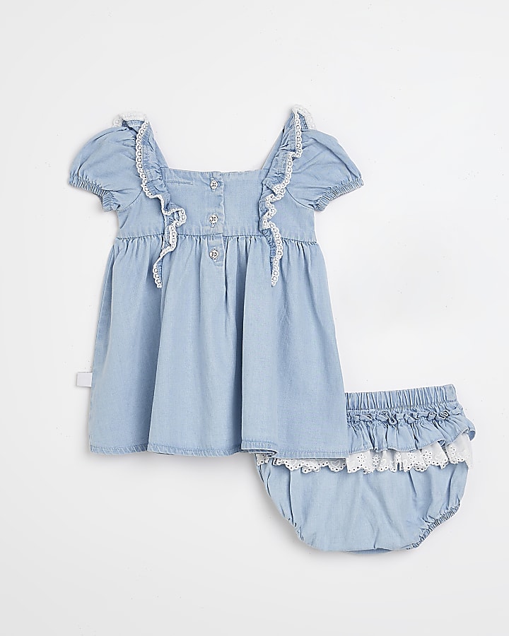 Baby girls blue denim dress and bloomer set