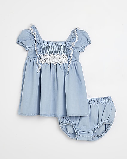 Baby girls blue denim dress and bloomer set