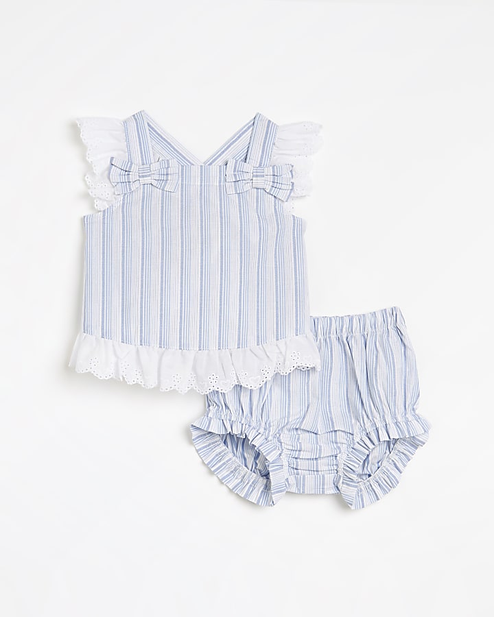 Baby girls blue stripe frill bloomers outfit