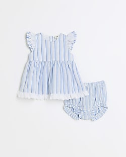 Baby girls blue stripe frill dress set