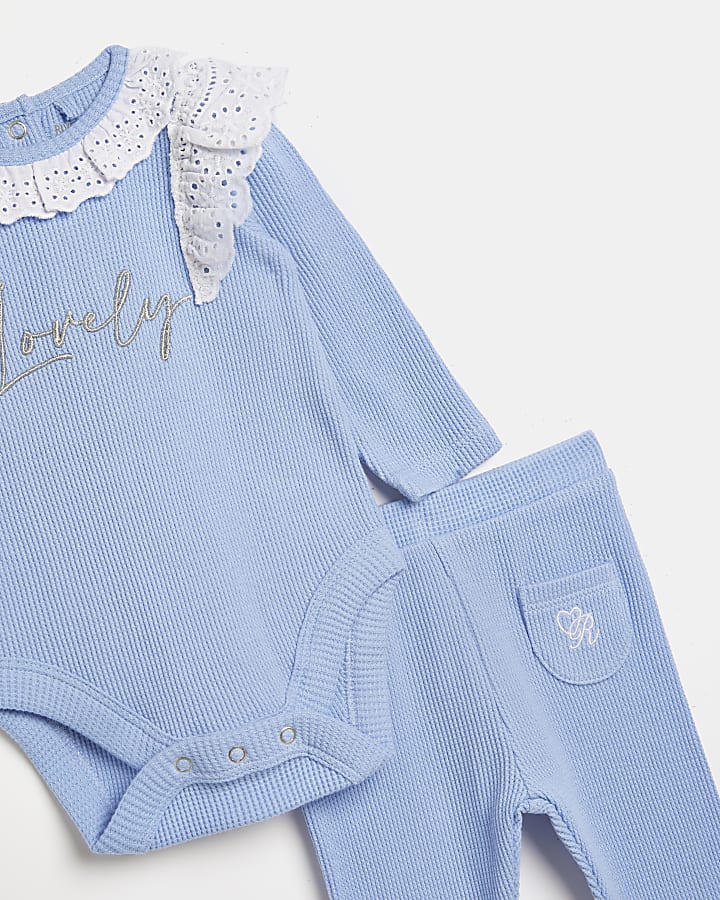 Baby girls blue waffle broderie frill outfit