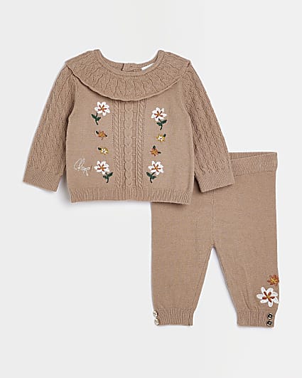 Baby girls Brown floral Embroidered Knit Set