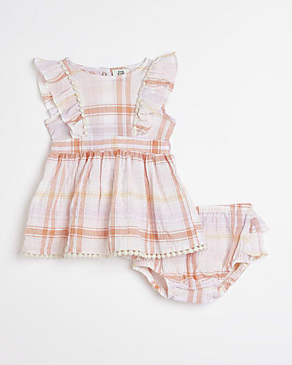 Baby girls coral Check Dress And Bloomer set