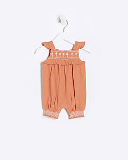 Baby girls coral shirred embroidered romper