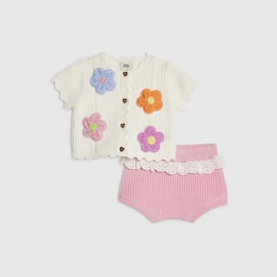 Baby Girls Cream 3D Flower Shorts Set