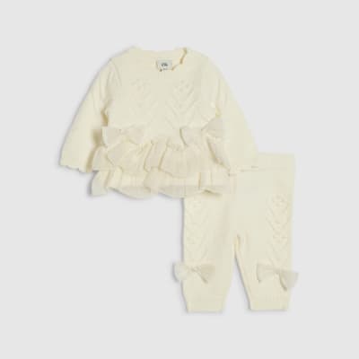 Baby Girls Cream Bow Tulle Knit Jumper Set