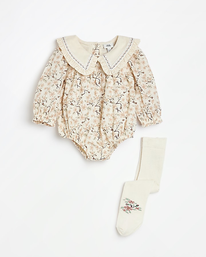 Baby girls Cream Floral Romper and tights Set