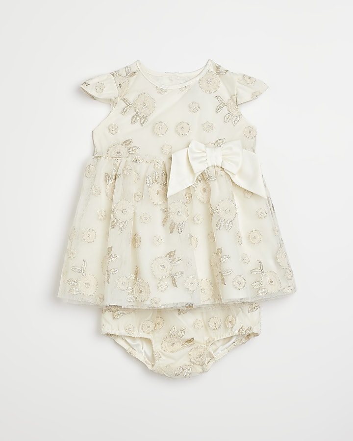 Baby girls cream floral tulle dress