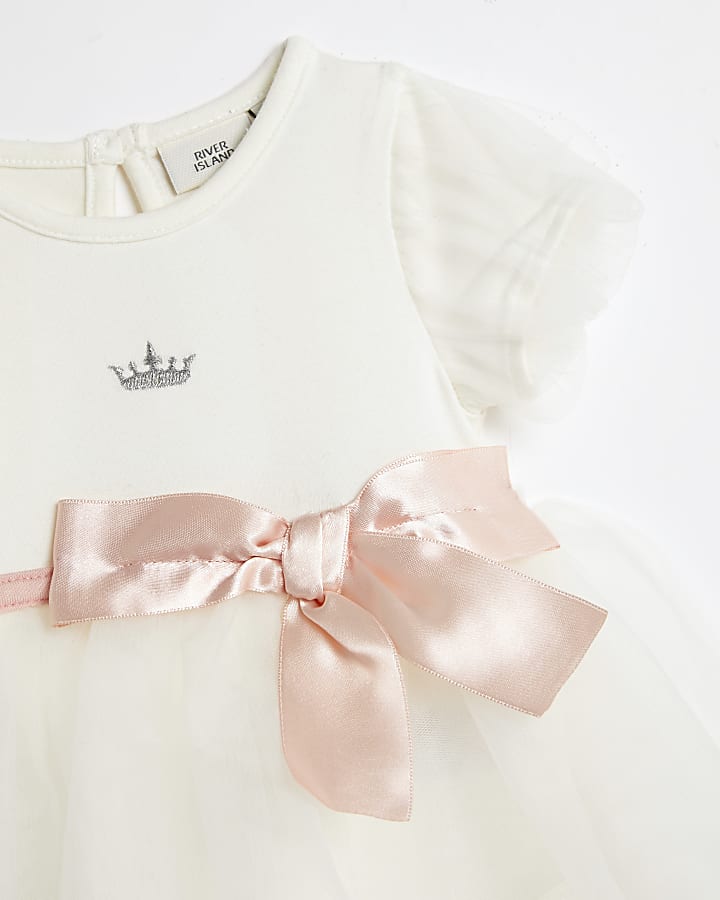 Baby girls cream mesh bow tie dress