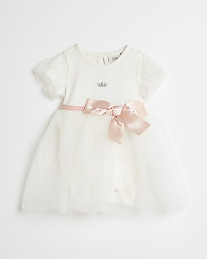 Baby girls cream mesh bow tie dress