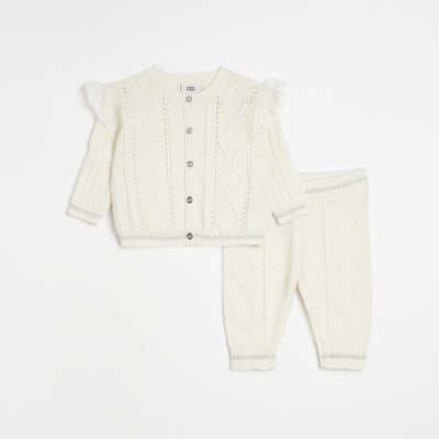 Baby Girls Ecru Cable Cardigan Lace Set River Island