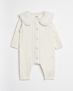 Baby girls Ecru faux Fur Collar knit ROMPER