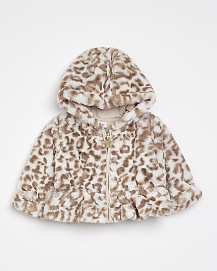 Baby girls Ecru Leopard print Borg Jacket