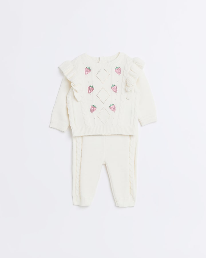 Baby Girls Ecru Strawberry Frill Knit Set
