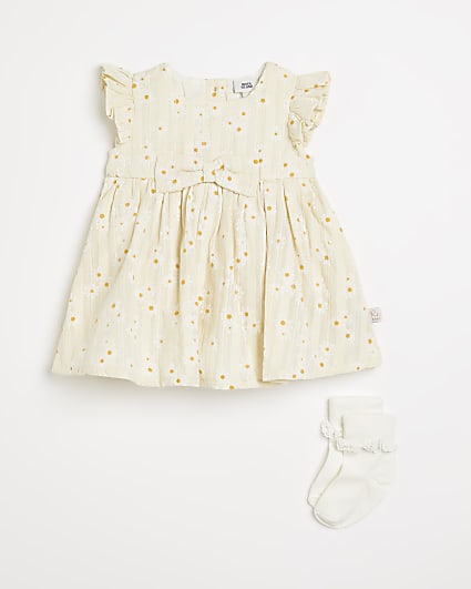 Baby girls ecru textured daisy dress outfit