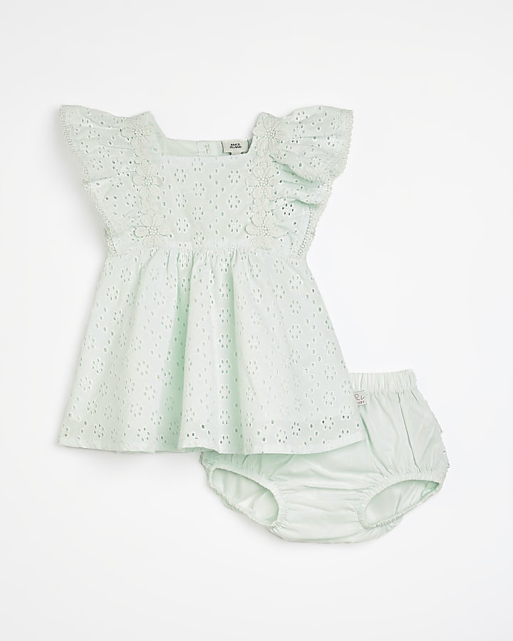 Baby girls green broderie dress outfit