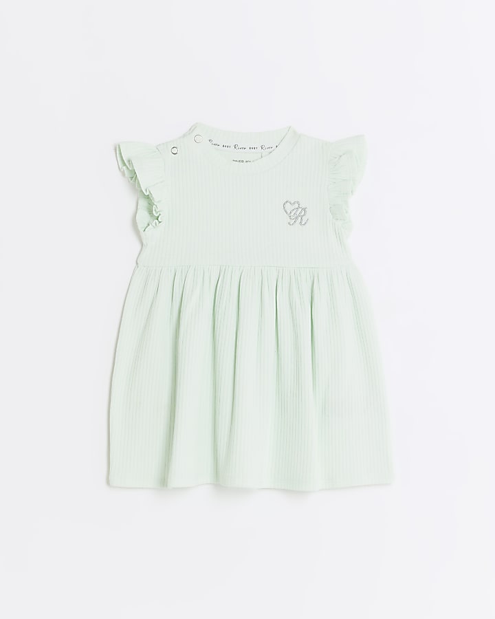 Baby girls green organic ribbed frill dress