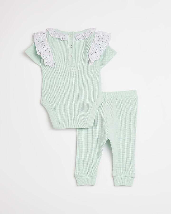 Baby girls green waffle broderie frill outfit