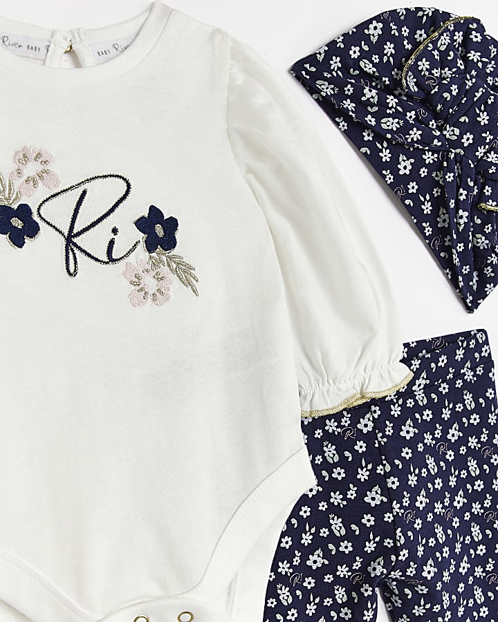 Baby Girls Navy Floral Bodysuit and Hat Set