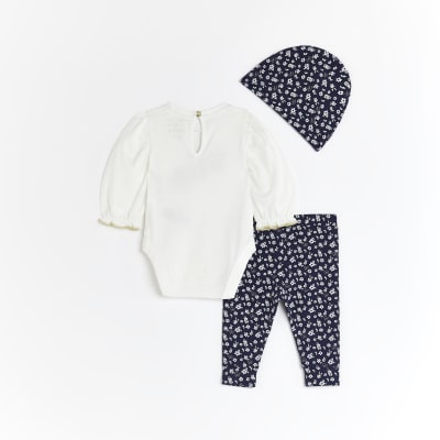 Baby Girls Navy Floral Bodysuit and Hat Set