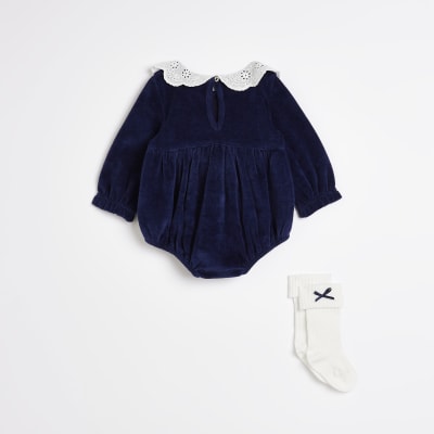 Baby girls navy velour romper set