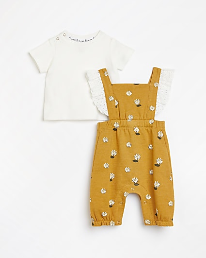 Baby girls orange floral dungaree outfit