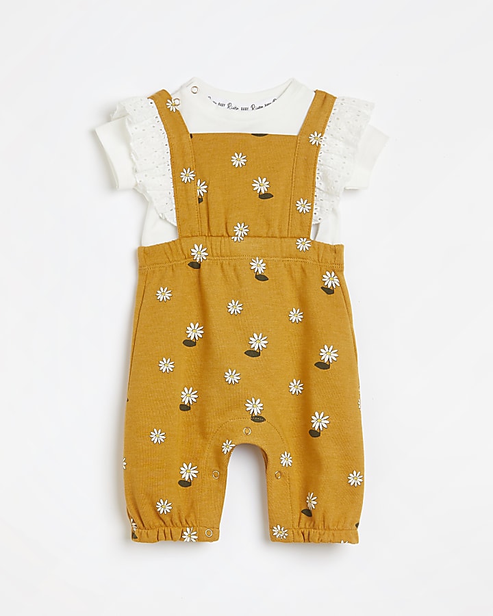 Baby girls orange floral dungaree outfit
