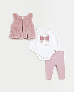 Baby Girls Pink 3 Piece Faux Fur Gilet Set