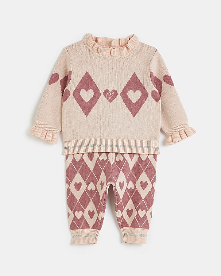 Baby Girls Pink Argyle Knitted Jumper Outfit