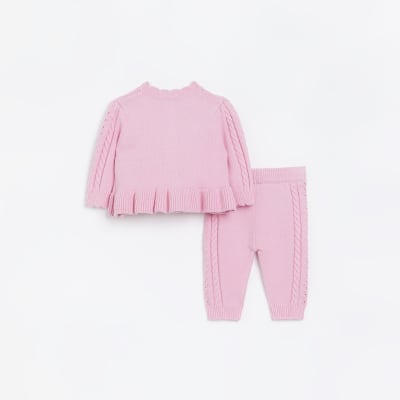 Baby Girls Pink Bow Cable Knit Cardigan Set