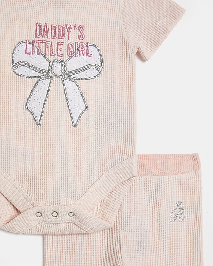 Baby girls pink bow embroidered ribbed outfit