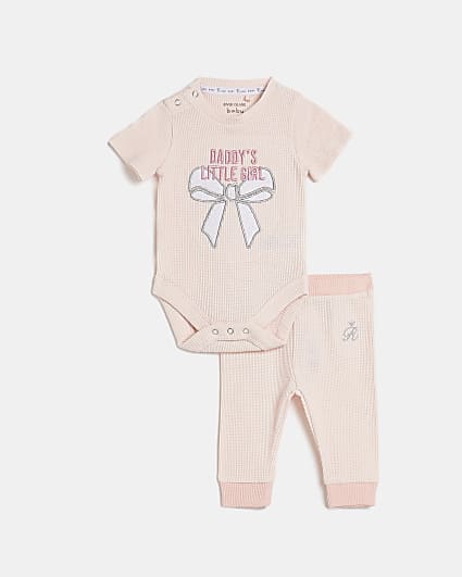 Baby girls pink bow embroidered ribbed outfit