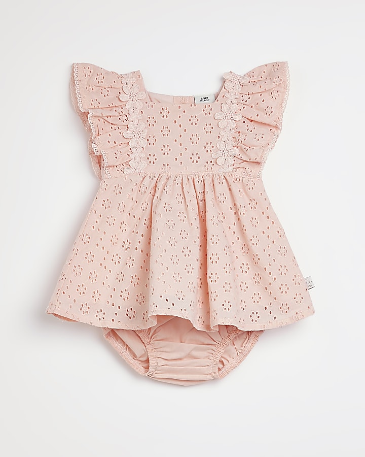 Baby girls pink broderie dress outfit
