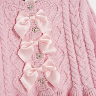 Baby girls pink cable knit bow cardigan set River Island